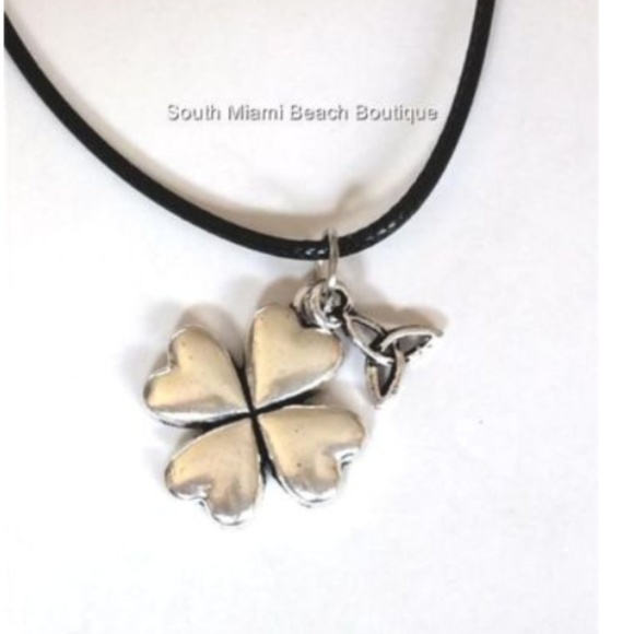 Silver Irish Celtic Knot Shamrock Necklace Trinity Knot Pendant Black Cord - Picture 2 of 8